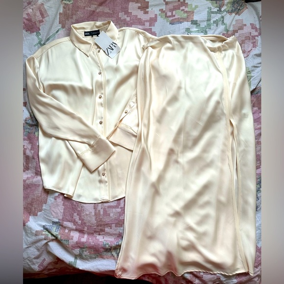 NWT Zara SET Cream Ecru Mixed Organza Satin Effect Blouse Skirt L XL - Picture 14 of 16